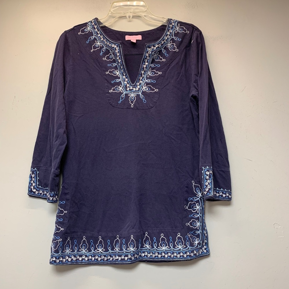 Lilly Pulitzer‎ Tunic Women Medium Navy Blue Excellent Embroidered 3/4 Sleeve